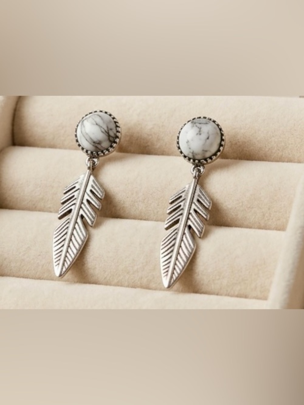 Howlite Stone Feather Drop Earrings - Silver Tone